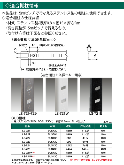 新品未使用正規品 サヌキ SPG SUS棚柱用背面ブラケット LS-751W ホワイト １組 ２本